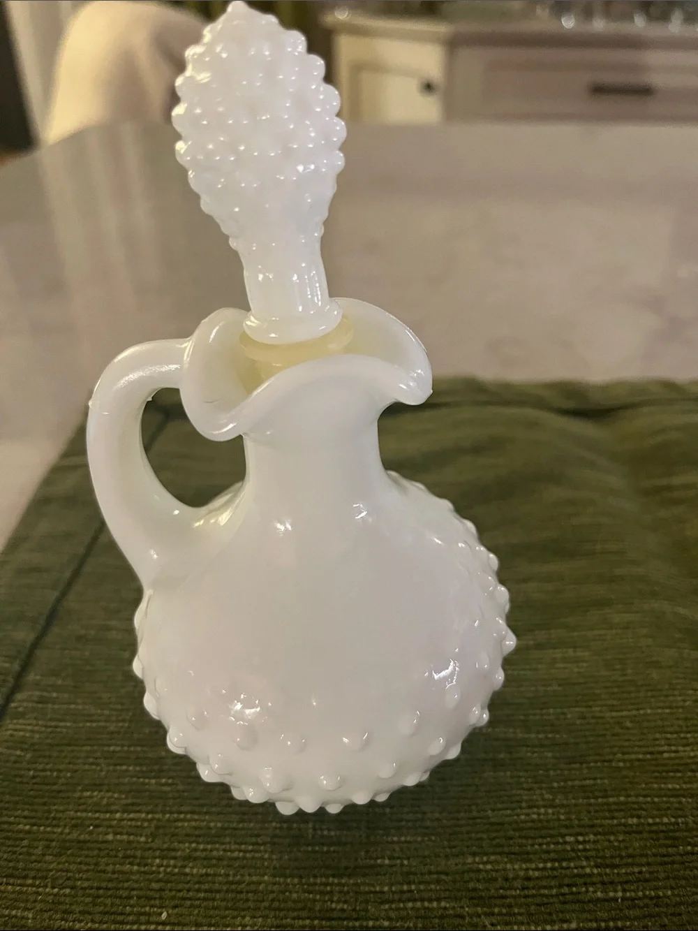 Vintage vanity accessories . Hobnail  bottle and  a trinket Dish w/ ruffled edge
